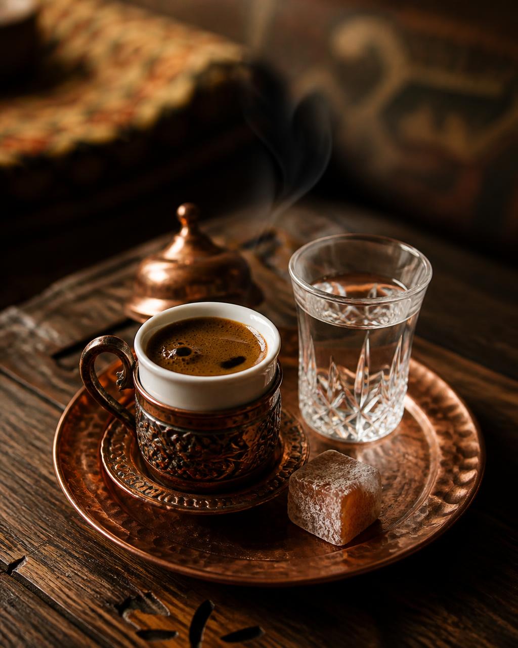 Türkischer Kaffee in Kupfertasse mit Lokum